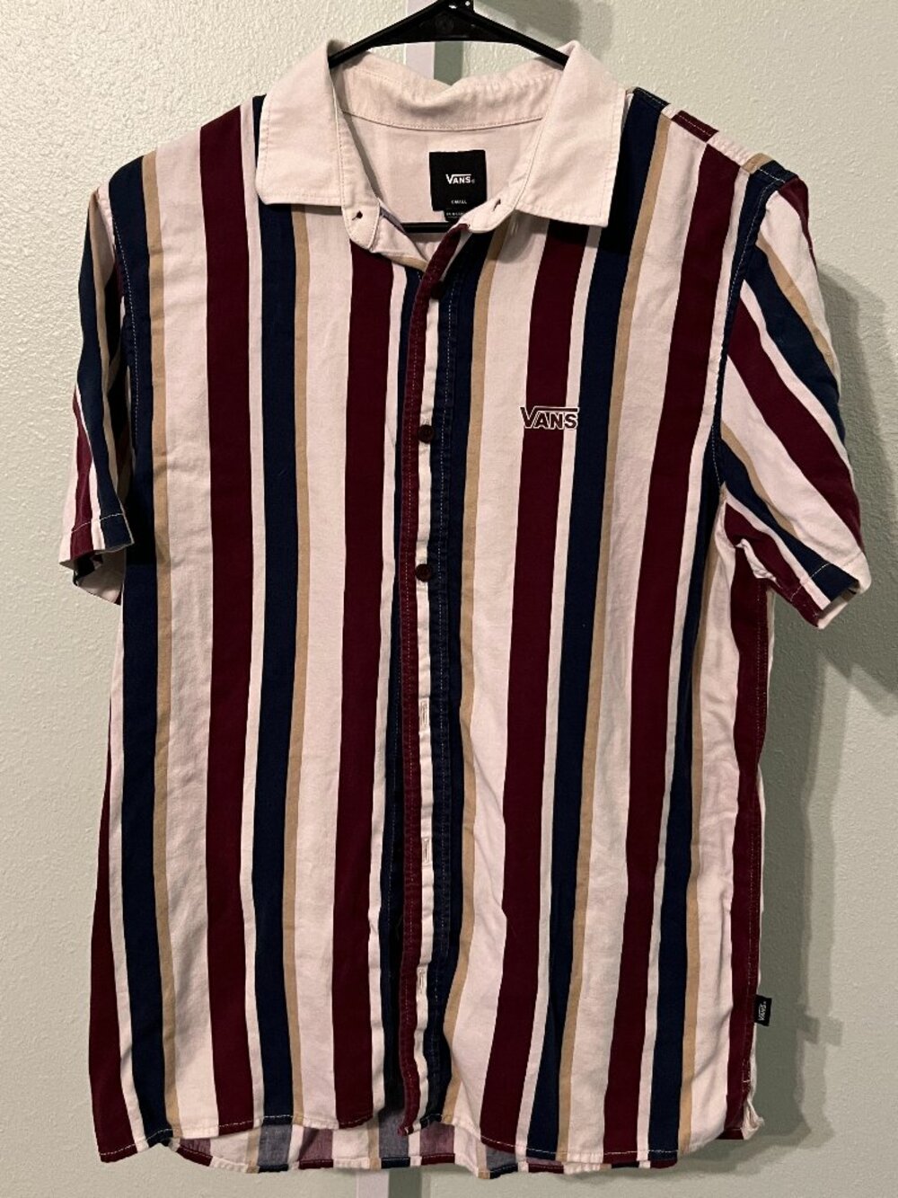 VANS Maroon, Navy, Beige & White Vertical Stripes 100% Cotton Polo SZ Small